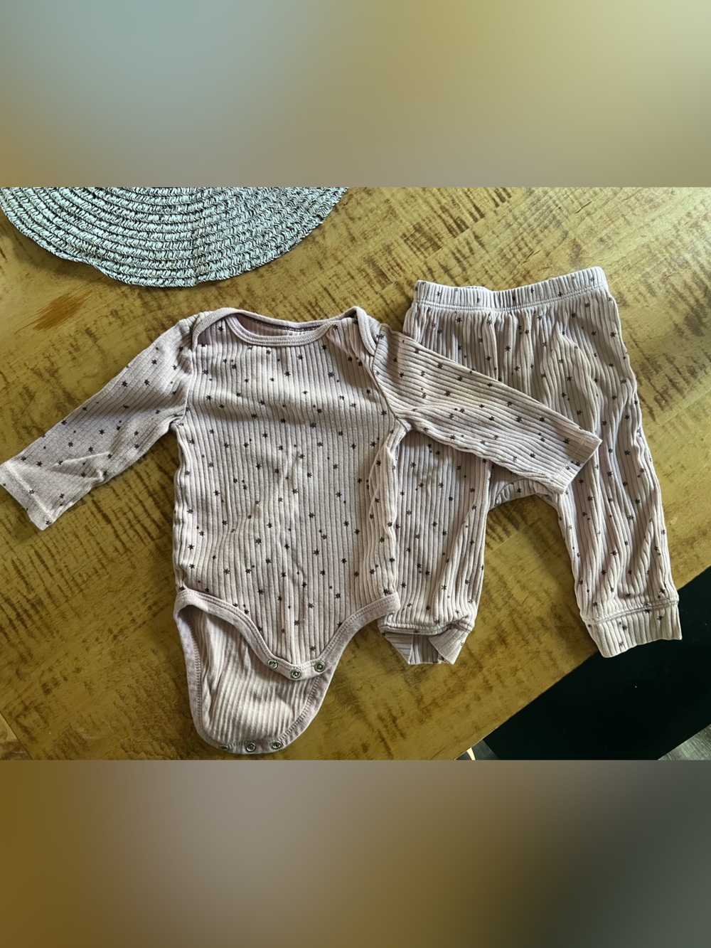 cloud island Ribbed Long-Sleeve One-Piece Set in Light Mauve with Star Print